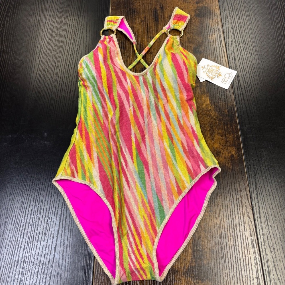 BECCA by Rebecca Virtue Womens Metallic Stripe One‎ Piece Swimsuit Small NWT